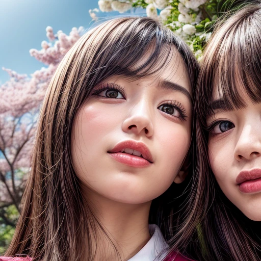 Best_Quality, (masterpiece:1.2) of Hi-Res photo, (realistic and photorealistic with touch of rawness:1.37), (group photo:1.6), (((SchoolGirls Surrounding the camera in Upward composition))), Panoramic, (Filled with many Faces), (NOGIZAKA face variations:1.4), { Looking down at the camera | (Kissing face to face) }, (((close:1.4, Face closeup from below:1.4))), (((Sky background)) with CherryBlossoms) . BREAK  Extremely Detailed KAWAII face variations, captivating gaze, elaborate detailed Eyes with (sparkling highlights:1.2), long eyelashes、Glossy RED Lips with beautiful details, Coquettish tongue, Rosy cheeks, Glistening ivory skin . { (Dynamic joyful expressions) | (:D) | (Kissing) | Tongue out | baby hair | Updos | OKAPPA }, Childish, SchoolUniform .