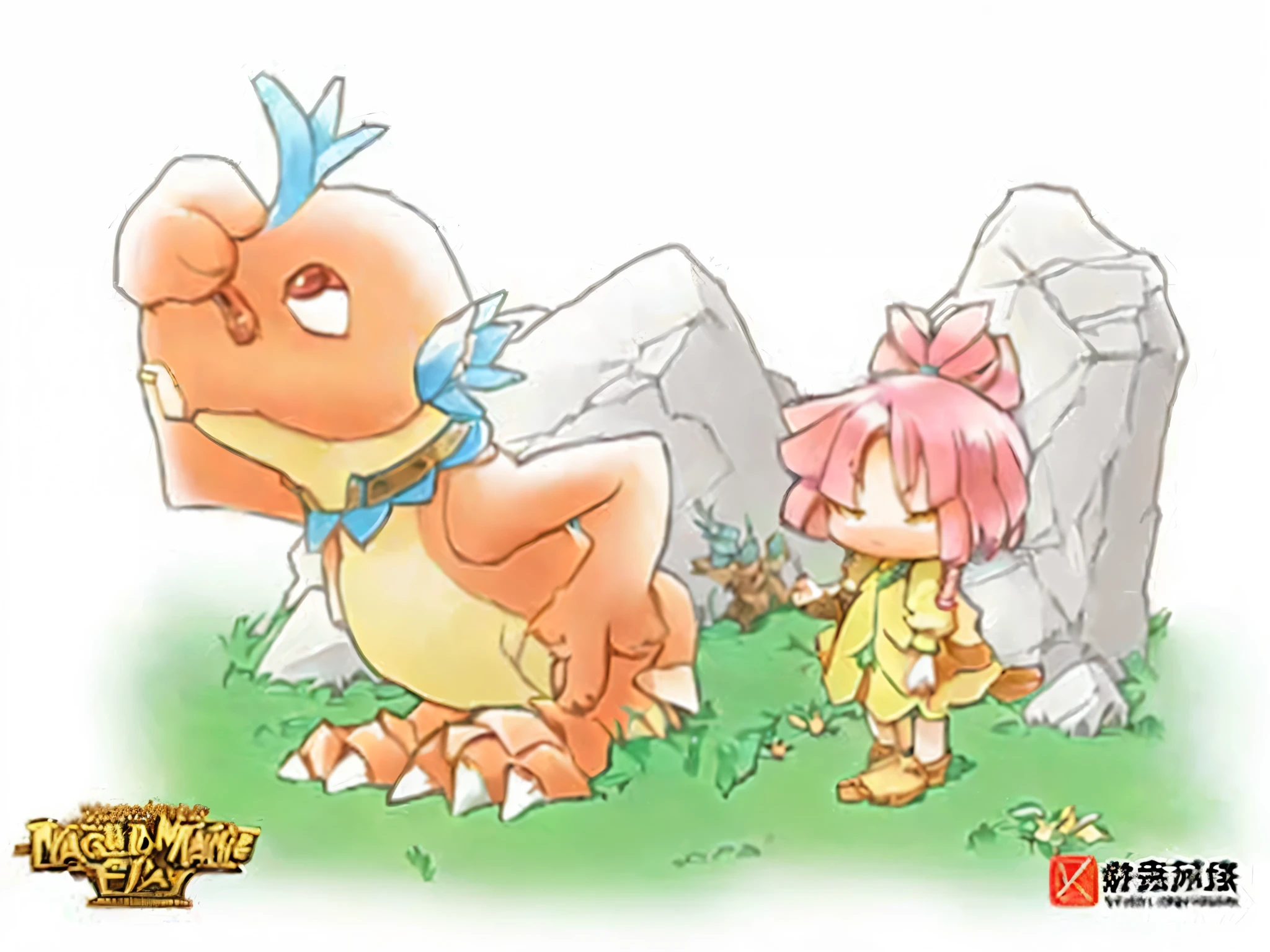 Dragon and girl in a field with rocks and grass, The secret of mana, Nostalgic guy and little animals, Grave, Maple Story Character Art, Official Art, making art, author：Itagaki Yoshio, Game Art!!, Scaly!!!, Official illustrations, Final Fantasy Tactics Characters, Geelong, author：Unichi Hiratsuka