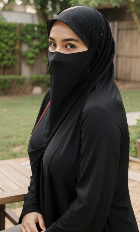 standing, solo, 1girl, mature female, hijab, long veil, long hijab, fat girl, fat body, beautiful face, sideboob, ,  slip, cleavage, leaning forward, , curvy, hands on table, arms down, looking at viewer, blush, parted lips, light smile, long black hair, black colour hair,