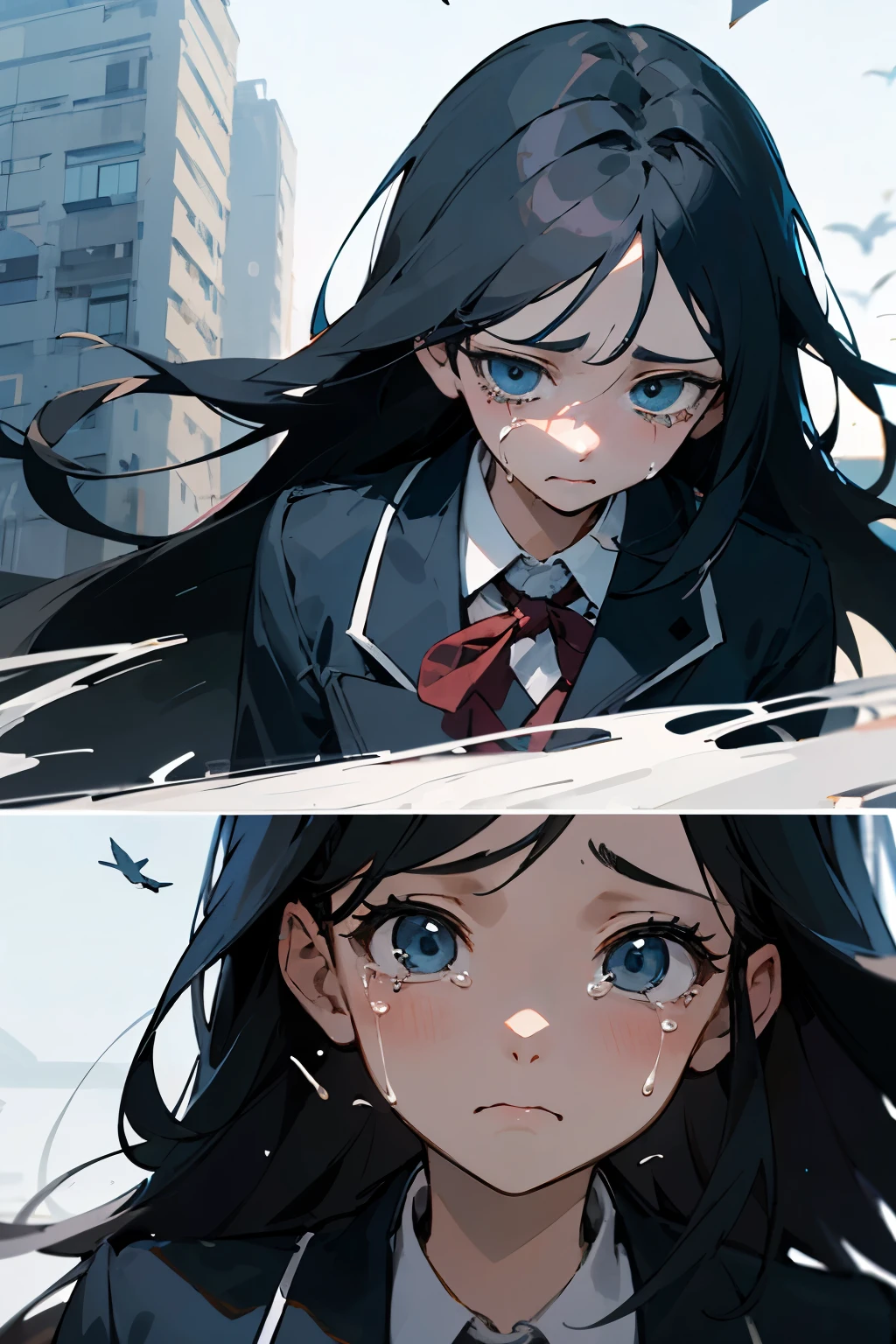((best quality)), ((masterpiece)), (detailed), A girl with a perfect face and long black hair is falling downstairs in mid-air。Wearing school uniform,A cold and sad face,cry,Tears。Next to it is a high-rise building with a bird's-eye view