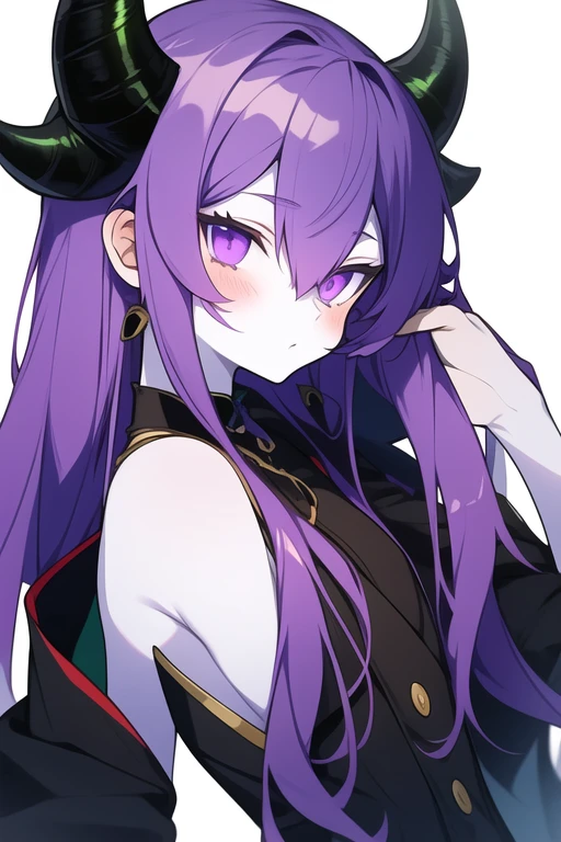 anime boy with black horns, blackish green scales over lightly pale purple skin