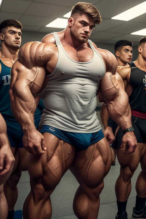 A group of male high school students standing in a row staring blankly into a mirror with open mouth and slumped shoulders in various stages of transformation as their muscles grow bigger and begin to tear out of their tight shirts, becoming just another group of stereotypical dumb bodybuilder jock bros in the community as they flex to each other and their classmates, saying, "Give in to the swelling tide. The dumb jock grows. The old nerd dies." in dull mindless voices. A less muscular student watches in horror, even as he starts to flex with them and his eyes become dull. Hyper muscles. Big biceps. Big triceps. Big traps. Broad shoulders. Massive pecs. Strong abs. Broken Tank top strap. Bulging crotch. Hyper bulge. Bro. Brain to brawn. Brute. Assimilation. Hypnosis. Brainwashing. Dumber and dumber. IQ drain. Compression gear.