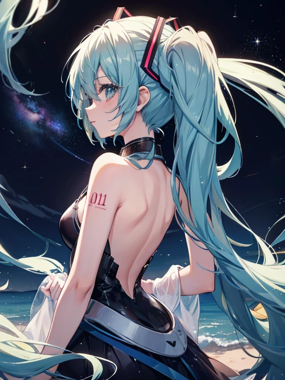 Miku Hatsune,alta definicion, galaxy landscape, sensual back pose 