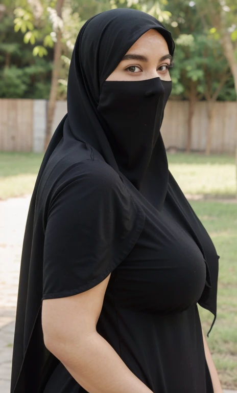 standing, solo, 1girl, mature female, hijab, long veil, long hijab, fat girl, fat body, beautiful face, sideboob, large breasts, thigh, areola slip, cleavage, leaning forward, big breasts, curvy, fat, arms down, looking at viewer, blush, parted lips, light smile, long black hair, black colour hair,