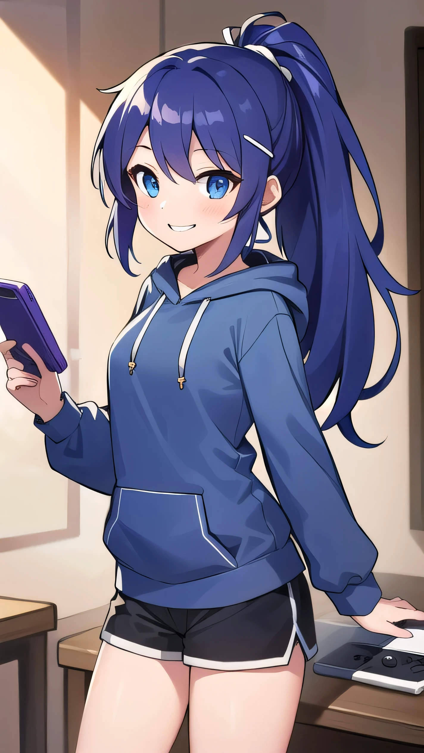 Blue-purple hair, dark blue eyes, long hair, ponytail, (hairpin:1.1), long-sleeved hoodie, ,small breasts，shorts, , 14 years old, short, sparkling eyes, owns a game console, confident, smiling a little There is，wearing earphones