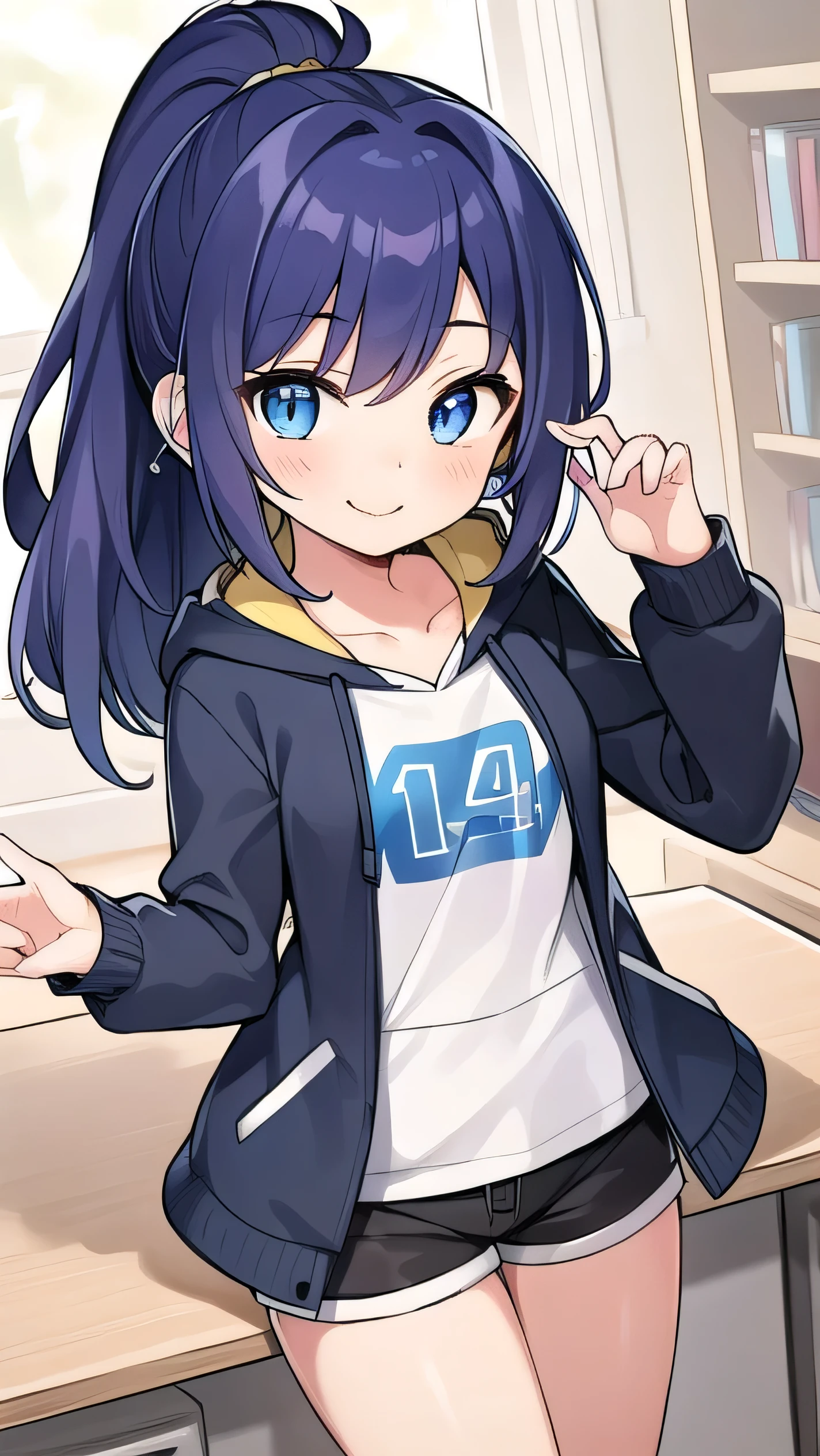Blue-purple hair, dark blue eyes, long hair, ponytail, (hairpin:1.1), long-sleeved hoodie, ,small breasts,shorts, middle school student, , short, round eyes, sparkling eyes, owns a game console, confident, smiling a little There is,wearing earphones