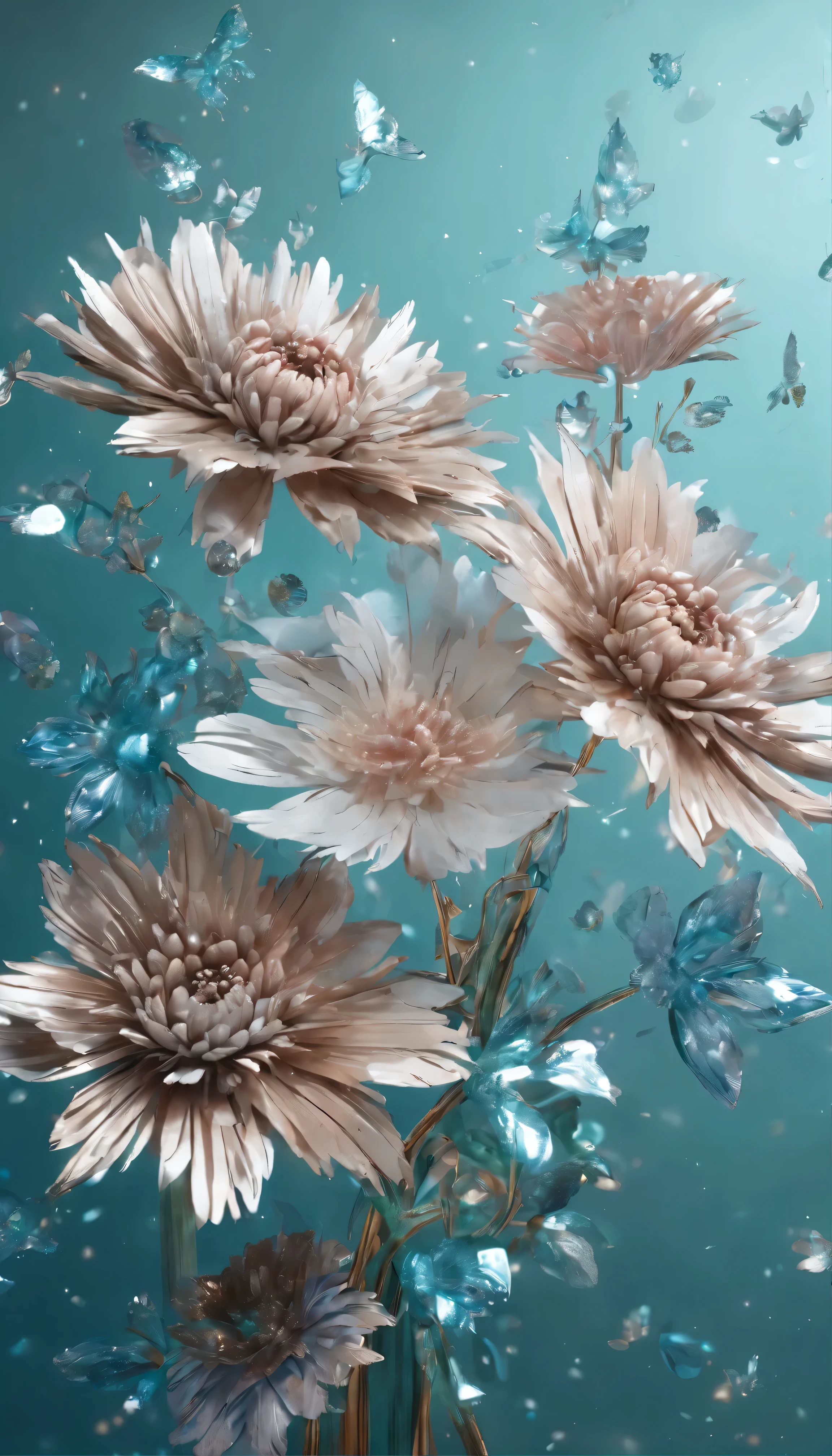 Background is green blue,moonlight,Everything is expressed in jewellery, The arrival of spring, Various beautiful chrysanthemums
, Beautiful butterfly,The angle of looking from the bottom up, Various jewels falling from the sky, Wonderful and beautiful view, Slightly hazy, excellent, high resolution, 8K, (best quality, High resolution, Practical:1.37), shiny metallic flower, Intricate and delicate petals, Reflective surface, Vibrant colors, Intricate details, Close-up view, Surreal Garden, Surreal beauty, Dreamy atmosphere, art, Abstract botanicals, Metal Sculpture, Contrasting Textures, Ethereal Light