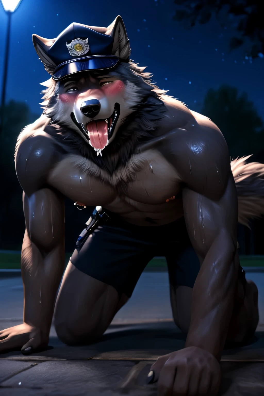 male wolf, (full nude,) ((only police cap, nipple pierce, only black shorts,)) sweating, dark empty park, covered huge semen, night, ahegao, orgasm face, blush, realistic, crawl all fours,