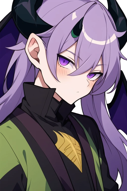 anime boy with half black and half white hair, horns on his head, bat wings, black and green scales, and pale purple skin