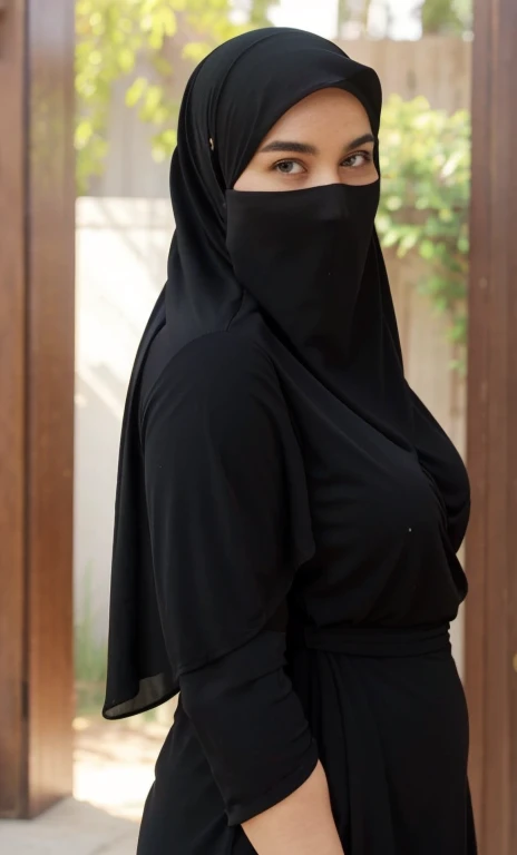 standing, solo, 1girl, mature female, hijab, short girl, long veil, long hijab, fat girl, fat body, beautiful face, sideboob, large breasts, thigh legs, areola slip, cleavage, leaning forward, hanging breasts, curvy, fat, arms down, looking at viewer, blush, parted lips, light smile, long black hair, black colour hair,