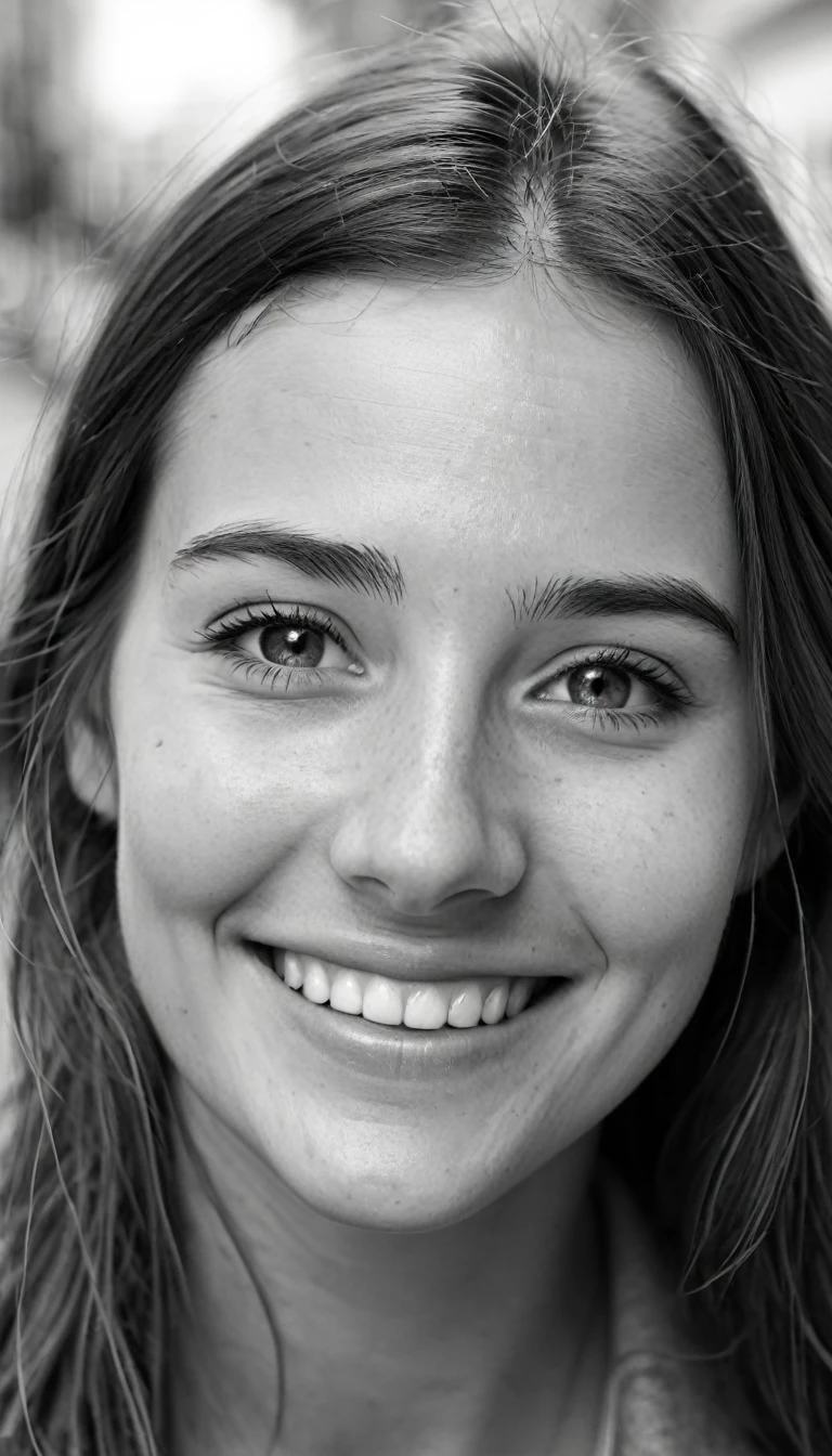 digital drawing, realistic, close-up of the face, black and white, reportage photo, street photography, young woman, experienced by life, tired but smiling and enjoying the moment, photo taken out of surprise, shallow depth of field, raw photo
