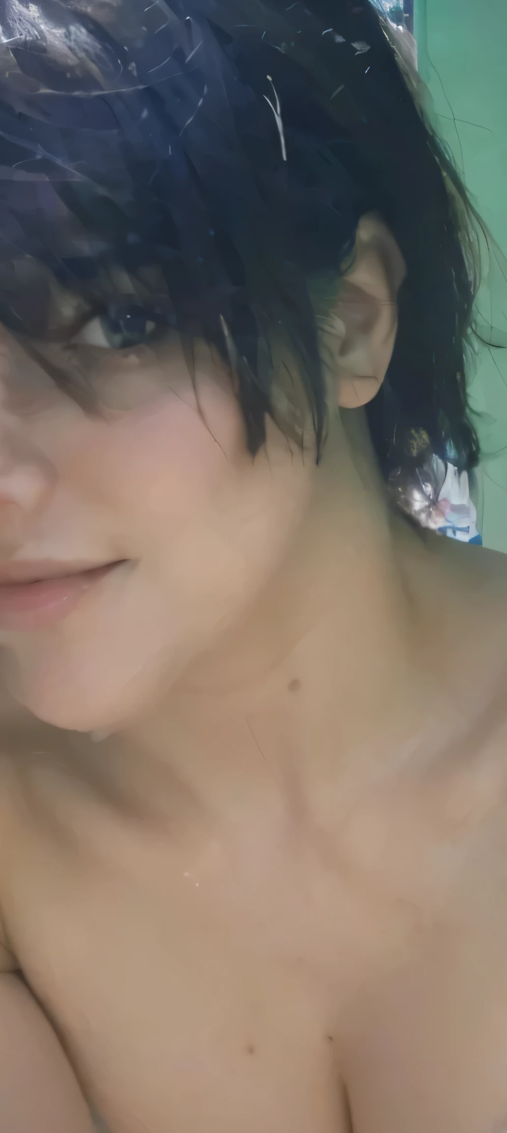 hay una mujer con el pelo mojado y sin camiseta, primer plano de medio cuerpo, imagen de muy muy baja calidad, foto de baja calidad, imagen borrosa, foto de baja calidadgraph, piel sudorosa!!, cuello ampliado desde los labios hacia abajo, cerrar la cara, tiro extremadamente cercano, Primer plano en la cara, por :5 sexys: 7, tiro lateral, foto borrosa