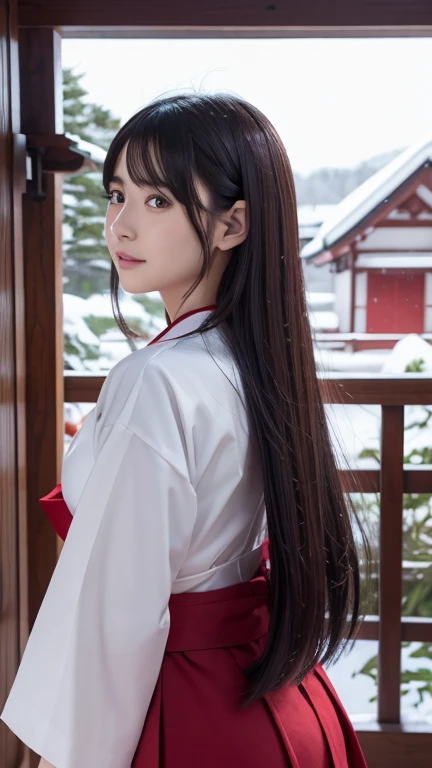 8K、Detailed Description、Very high definition、Realistic、reality的、Real、live-action、reality、High resolution、Nogizaka46、japanese idol,beautiful girl、21 years old、profile,Daytime、Snow Scene、Dark brown eyes,red hakama,white japanese shrine maiden outfit,shurine,light smile,Shrine grounds、Shrine maiden、Shrine maidenの衣装、Mouth closed、Long Hair、Knee-up-top angle of view、Back view、look back、Very black hair、pretty girl、Beauty、Glowing Skin、Glowing Skin、Shiny Hair、Very white skin、Heavy makeup、Large Breasts、Slit eyes、Dark brown eyes、Big Eyes、Double eyelids、Don't show your teeth、Look at me and smile、clear、smile、smile