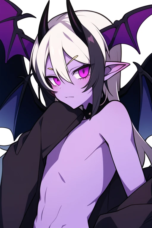 anime demon boy with half black and half white hair, horns on his head, bat wings on his back, black and green scales, and pale purple skin