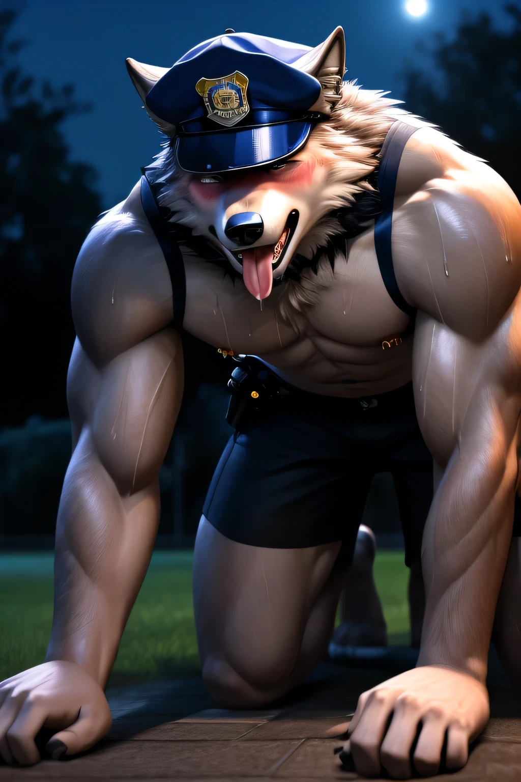 male wolf, (full nude,) ((only police cap, nipple pierce, only black shorts,)) sweating, dark empty park, covered huge semen, night, ahegao, orgasm face, blush, realistic, crawl all fours,