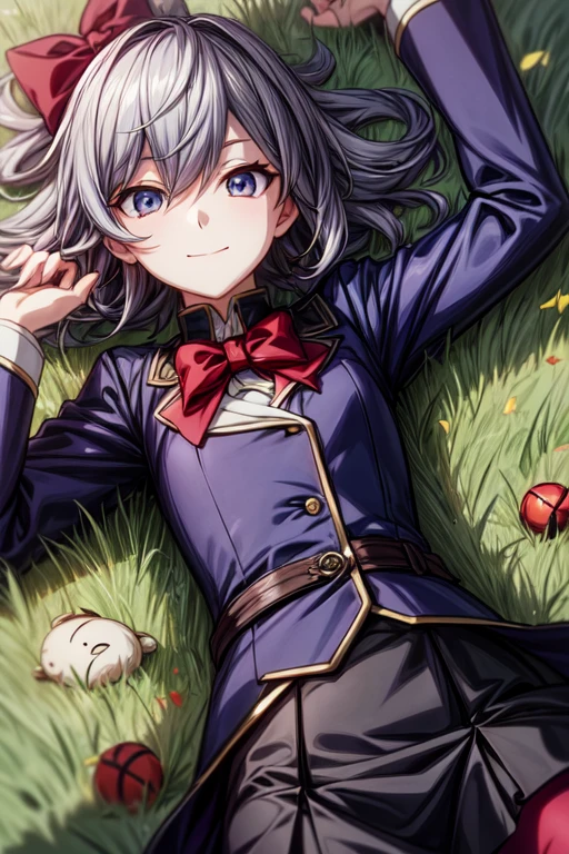 masterpiece, Best quality, anime, lock of hair, Hair, red bow, black jacket, black skirt, red tights, Upper body, above, lying on your back, grass, I look at the viewer, tired, smile, USA