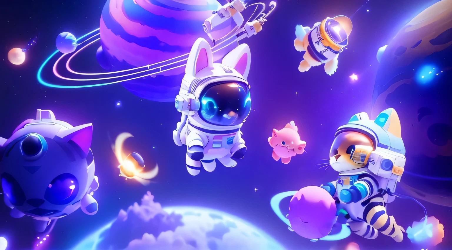 a group of cartoon animals in space surrounded by planets, kittens in outer space, cute 3 d render, space cat, cat in space, splash art brawlstars, in space, 3 d render beeple, beeple and jeremiah ketner, cute detailed digital art, astronaut cat, beeple daily art, cute cyber gods, stylized 3 d graphics