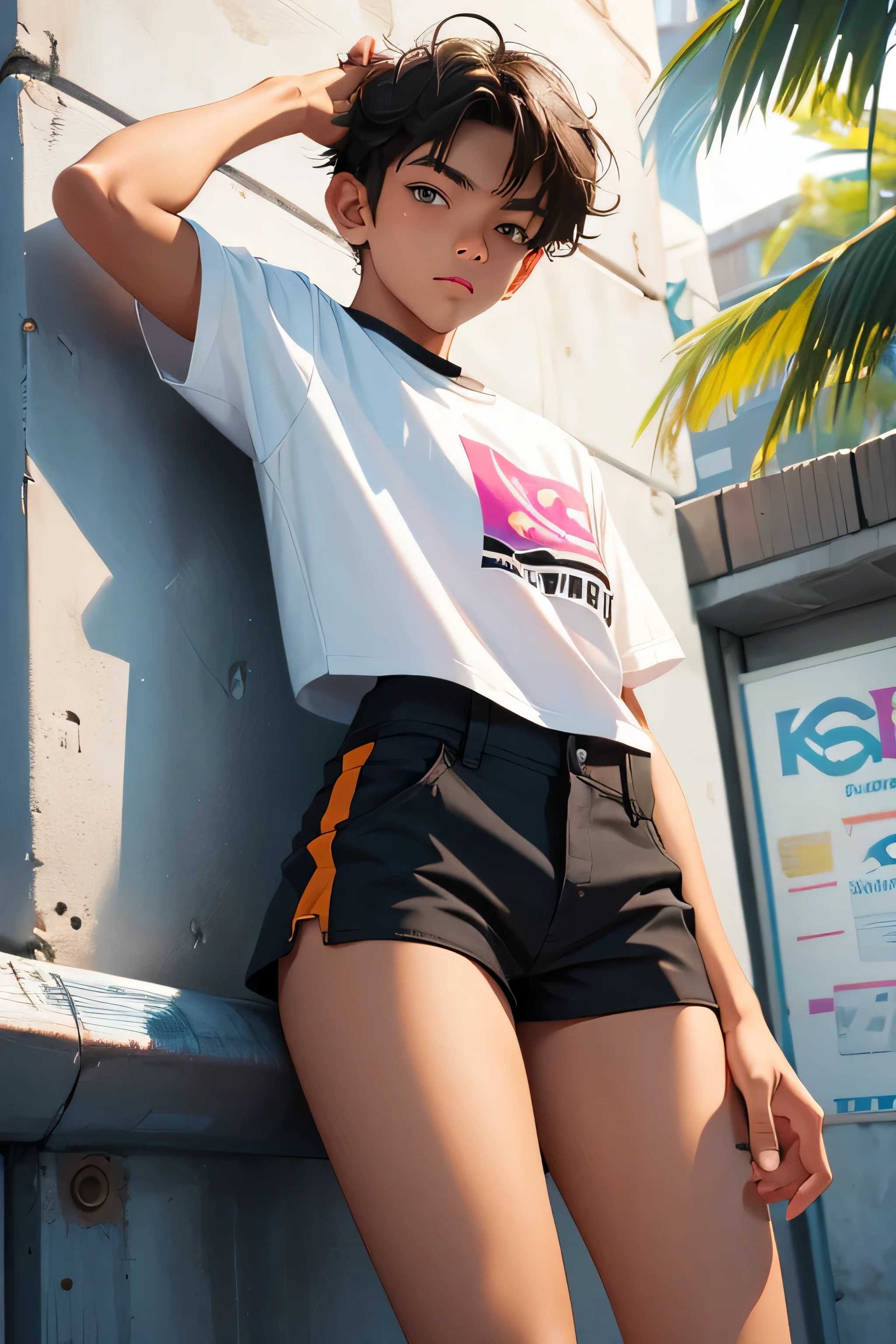Teenage boy 15 years old, the boy is wearing a cropped shirt and too very much short mini shorts, the boy's legs are long and beautiful, his legs are very tanned, hot summer, top quality