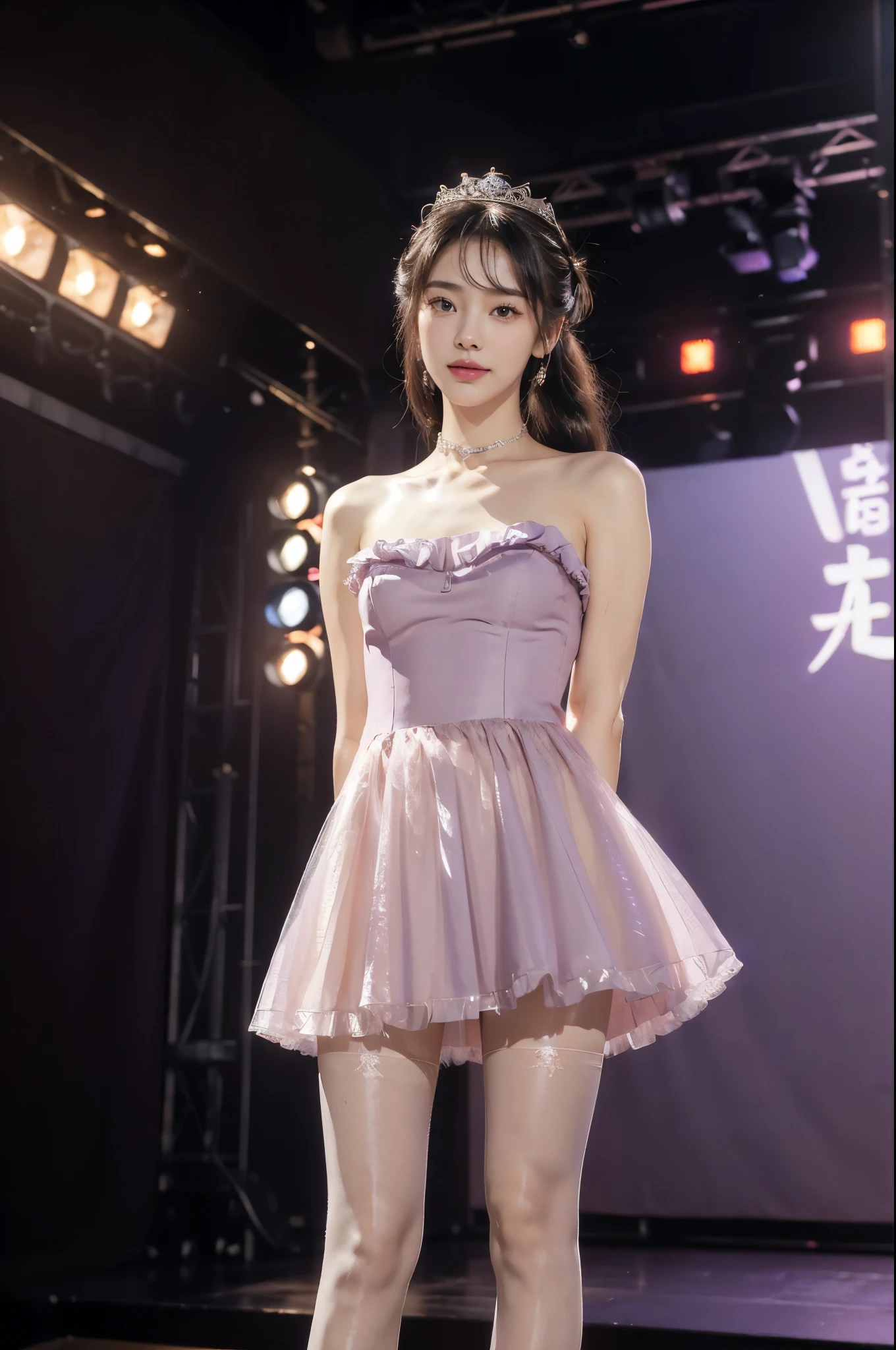 (Extremely meticulous CG),(((8k))),wallpaper,(Portrait above the chest:1.3),((Extremely refined and beautiful)),(((Masterpiece))),(((best qualtiy))),(((Ultra High Resolution))),beautiful light up,realistic shaded,(Smooth and flawless fair skin:1.5),(Extremely exquisite facial details:1.2),(ultra-detailed:1.5),((a beautiful girl,solo)),(Japanese age idol:1.3),(princess crown:1.3),(short ponytail:1.2),(bangs:1.3),(small head:1.2),(slender face:1.2),(Exquisite makeup:1.3),(smiling:1.2),(laughing:1.2),(blush:1.5),(perfect body:1.1),(collar:1.2),(bare legs:1.3),(Maxi dazzling purple Loliauze dress:1.5),(slender legs:1.3),(thigh plug:1.5),(nude pantyhose:1.5),(sneakers:1.2),((slim,thin)),(small breasts:1.2),(flat chests:1.2),(from front:1.3),(standing:1.3),(In the gorgeous theater:1.3),(on the stage:1.5),(lively atmosphere:1.3),(indoor:1.3),(colorful neon lights:1.3),(Cyberpunk style:1.3),(detailed background:1.5),(night scene:1.5),(full body:1.3),(arms behind back:1.2)