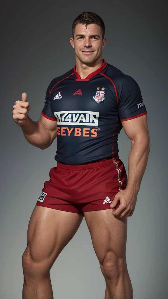 1 man rugby player ,Full body, smile, rugby player, sport pants, rugby tight esportive uniform, Black hair fade , blue alluring large eyes, European 40yo man, (High shadow detail), wearing Calvin Klein rugby red uniform, muscular chest, long legs, left arm tattoo, large mouth, Wide shoulders, nice detailed hands thumbs-up.