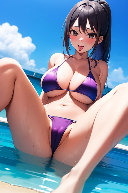 a girl wear a lewd bikini, tongue out, spread her legs 