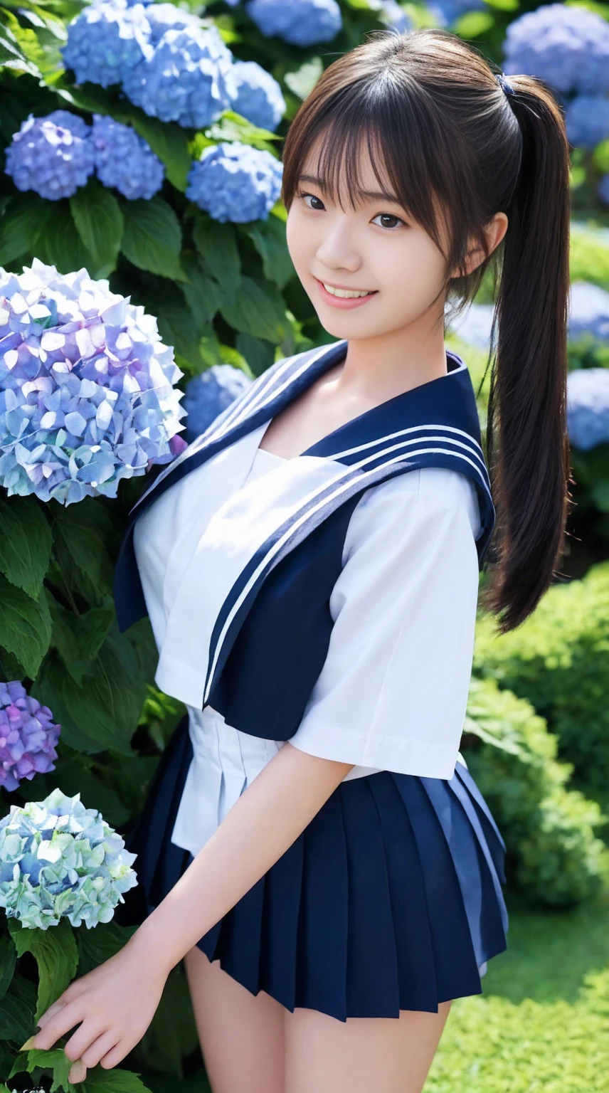 最high quality、high quality、Best image quality、Sailor suit、Tight uniform、(Large Breasts),Summer clothes、pleated mini skirt、Twin tails、smile、,最High resolution、High resolution、最high quality、masterpiece、RAW Photos、whole body写真、Detailed and realistic human body、Detailed and realistic skin、Realistic face in every detail、Detailed and realistic eyes、Detailed and realistic lips、Detailed and realistic teeth、Detailed and realistic ears、Detailed and realistic hair、Detailed and realistic weapons、Realistic reproduction of every detail、Realistic fingers in every detail、(Beautiful Hands、thumb１reference４)、Realistic feet down to the last detail、((Beautiful Japanese Woman))、(Japanese Model)、((21 year old beautiful woman))、(Black Hair)、(Straight hair)、((whole body))、(Slim and perfect figure)、(whole body光沢肌、Fair skin)、Detailed and realistic human body、Detailed and realistic skin、Realistic face in every detail、Detailed and realistic weapons、Realistic fingers in every detail、Detailed realistic feet、Soft natural light、Japanese garden、A 360-degree view of hydrangea fields、((Standing in the middle of a hydrangea field(A girl surrounded by hydrangeas 360 degrees))、Poses to make your thighs look beautiful