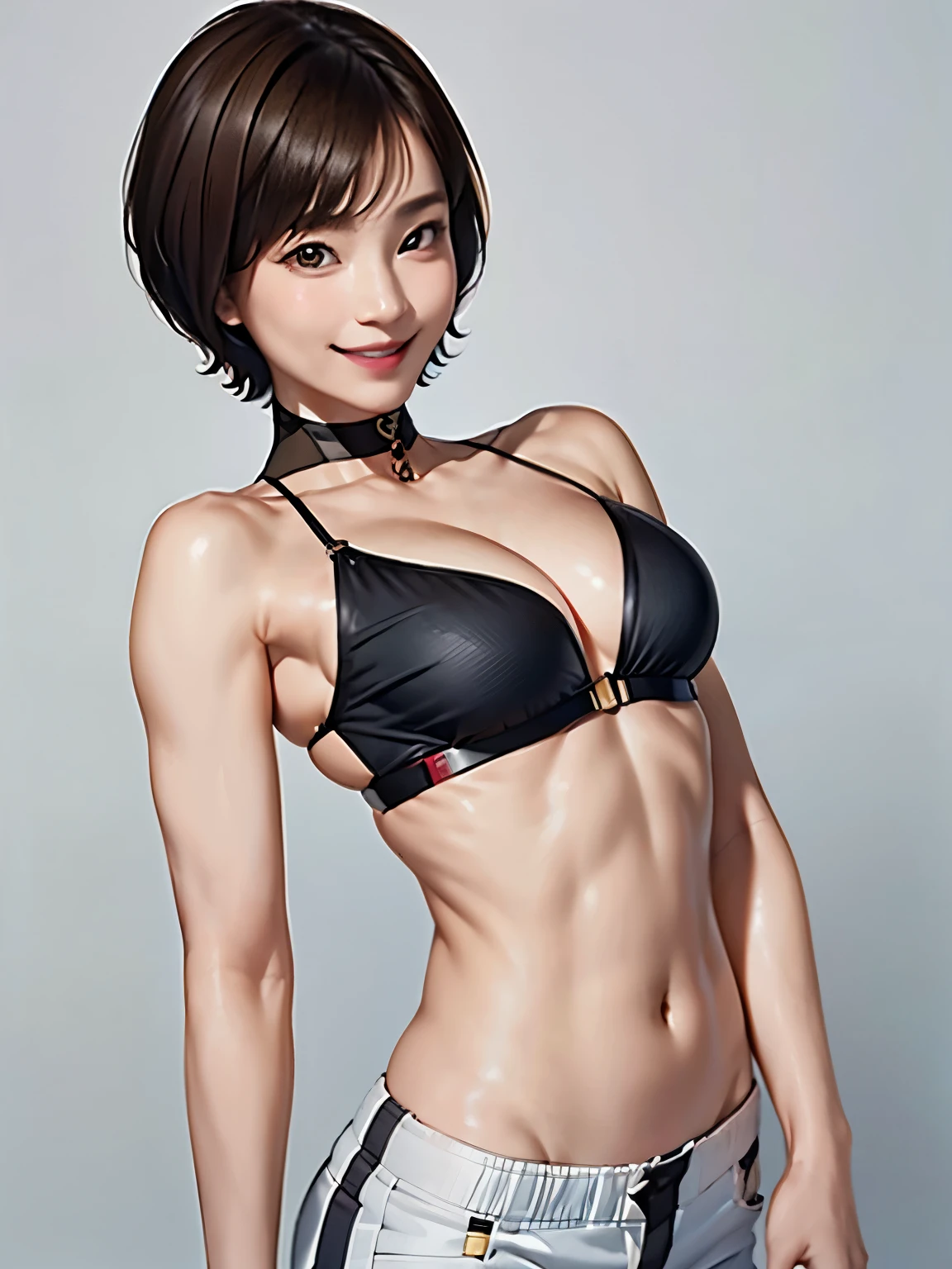 araffe woman in a black bikini posing in a dark room, sexy body, fitness model, sultry body with sexy belly, with abs, perfect body, photorealistic perfect body, [ rigidly defined abs ]!!, attractive body, tifa lockhart, sweaty abs, slender body, deayami kojima, black bra, sexy hot body