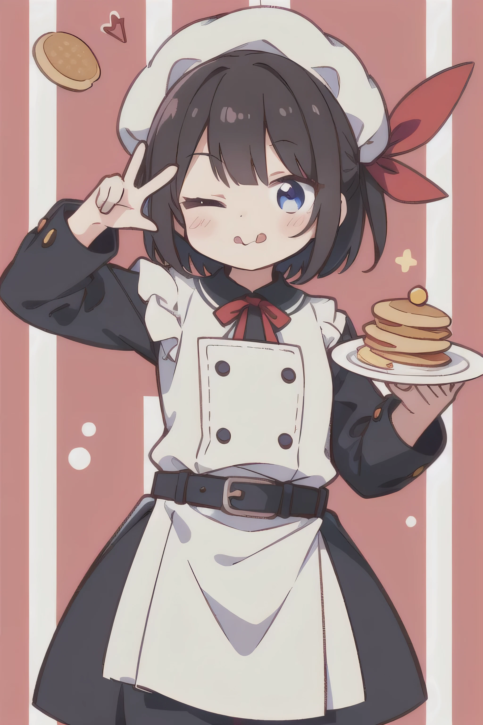 1girl, chef, chef hat, red ribbon, leather belt, bob cut, stick out tongue, (;q), one eye closed, kawaii pose, (pancake), (kawaii background), dynamic angle, cowboy shot, look at viewer