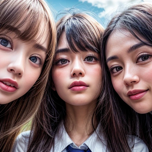 Best_Quality, HDR, masterpiece, Hi-Res, (realistic and photorealistic with touch of rawness:1.37), (group photo:1.6), (((SchoolGirls Surrounding the camera in Upward composition))), Panoramic, (Filled with many Faces), (NOGIZAKA face variations:1.4), { Looking down at the camera | (Kissing face to face) }, (((close:1.4, Face closeup from below:1.4))), (((Sky background)) with CherryBlossoms) . BREAK  Extremely Detailed KAWAII face variations, captivating gaze, elaborate detailed Eyes with (sparkling highlights:1.2), long eyelashes、Glossy RED Lips with beautiful details, Coquettish tongue, Rosy cheeks, Glistening ivory skin . { (Dynamic joyful expressions) | (:D) | (Kissing) | Tongue out }, { baby hair | Updos | OKAPPA }, Childish, SchoolUniform .