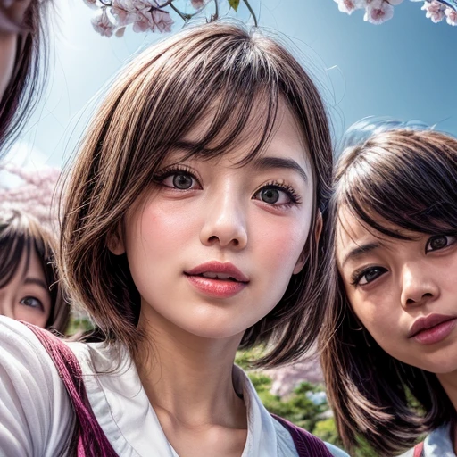 Best_Quality, HDR, masterpiece, Hi-Res, (realistic and photorealistic with touch of rawness:1.37), (group photo:1.6), (((SchoolGirls Surrounding the camera in Upward composition))), Panoramic, (Filled with many Faces), (NOGIZAKA face variations:1.4), { Looking down at the camera | (Kissing face to face) }, (((close:1.4, Face closeup from below:1.4))), (((Sky background)) with CherryBlossoms) . BREAK  Extremely Detailed KAWAII face variations, captivating gaze, elaborate detailed Eyes with (sparkling highlights:1.2), long eyelashes、Glossy RED Lips with beautiful details, Coquettish tongue, Rosy cheeks, Glistening ivory skin . { (Dynamic joyful expressions) | (:D) | (Kissing) | Tongue out }, { baby hair | Updos | OKAPPA }, Childish, SchoolUniform .