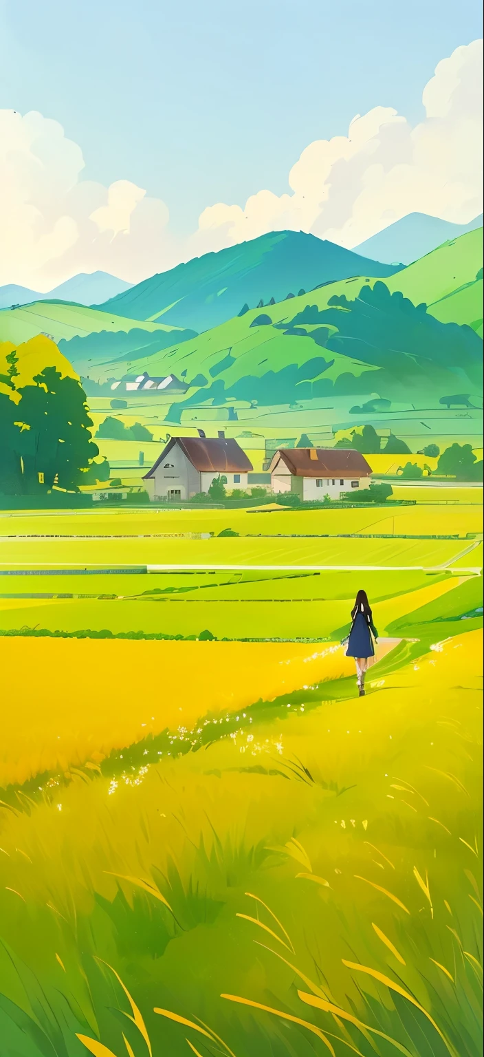 A woman walking across a meadow,The background is a house, anime Rural landscape, A beautiful artistic illustration, Landscape Artwork, Anime Landscape, author:Yang Jie, by Zou Zhe, Digital Cartoon Art, Rural, korean Rural, Anime Background Art, Beautiful Numbers, Inspired by Artie Guerin, Vibrant gouache landscape
