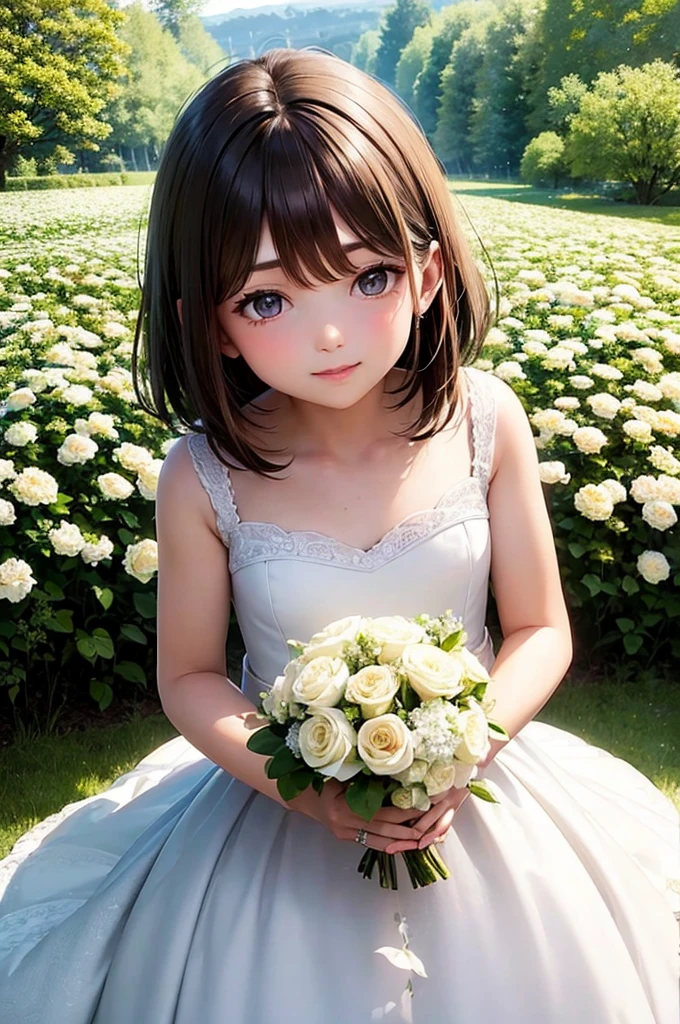 Light brown hair　Short Bob　Brown Eyes　beautiful girl　wedding　White Dress　White flower bouquet　Flower Field　Fantastic Light　
