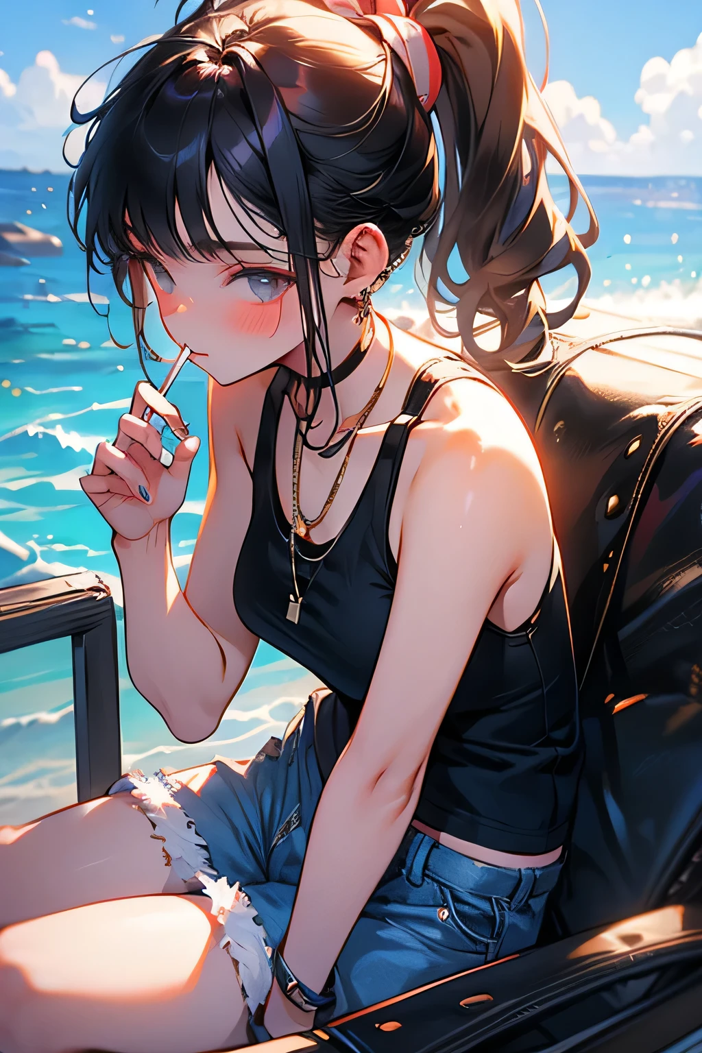 eat cigarette, cigarette, 20-year-old women, ponytail, Tank top, Tropical