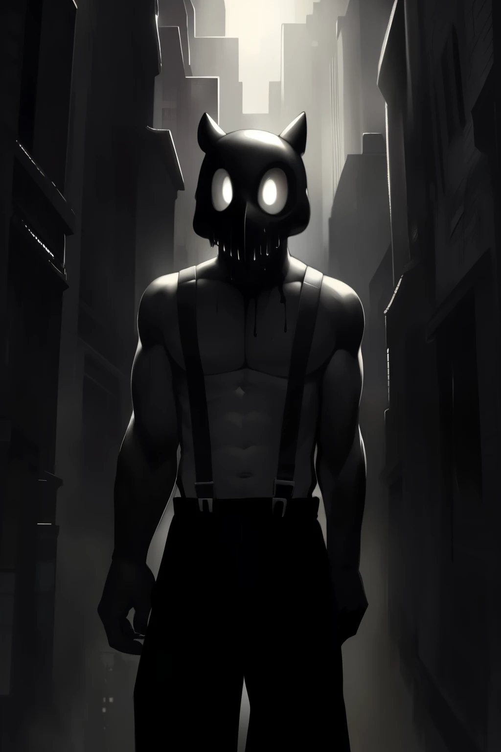 (By ArtisticOoze, ultra detailed, masterpiece, best quality, cartoonish yet intriguing, black goop humanoid creature, tan pants with suspenders, no shirt, cartoony mask, captivating eyes gleaming with an eerie light, detailed background of a grimy cityscape, dramatic lighting, trending on ArtStation, high contrast, high detail, expressive, eerie, solo, dark atmosphere, cold and damp, capturing the viewer's attention with its unique appearance).
