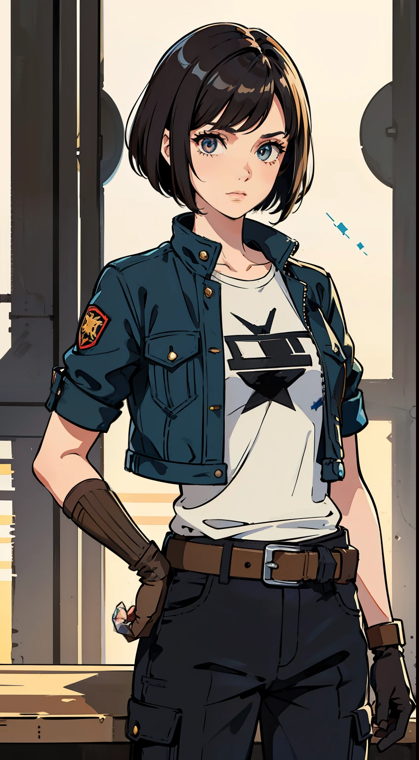 (high-quality, breathtaking),(expressive eyes, perfect face) Symmetrical Eyes, portrait, Star Wars Universe, 1girl, female, adult, mechanic, punk jacket, shirt, short sleeved, gloves, pants, belt, wrench, crystals on belt, messy hair, black hair color, brown eye color, medium hair length, stylized hairstyle, pixie haircut, tall, technician outfit, engineer, workshop background, work bench, tools, mature, narrow eyes, scars