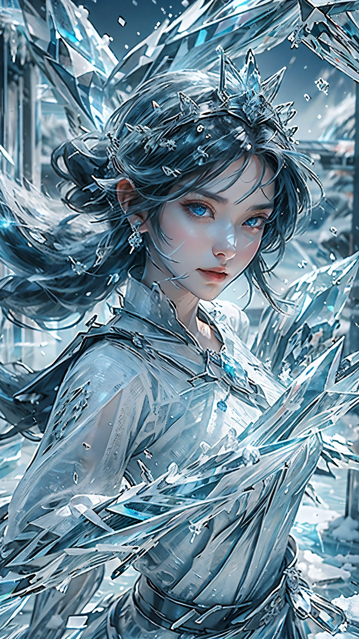 (((1girll))),imperial water,a sorceress,(Loose dress:1.5),(Perfect facial features:1.4),(Blue silk robe),(Mystical magical formations:1.2),Blue glow,(Frost wings),(((Powerful Ice Magic))),(((Icicles))),Soar above the landscape,Blue Light Cold Light,(((Ice storm))),Wind,((Flying snow ice and snow)),Amazing results,,best qualtiy,tmasterpiece,超A high resolution,Up to detail,intricate-detail,8K resolution,8KUCG Wallpaper,nffsw,Water Blue,magic array,cinematic lighting effect,lightand shade contrast,Ray traching、NVIDIA RTX.crown made of ice.ultra beautiful ultra details.ice gooddess