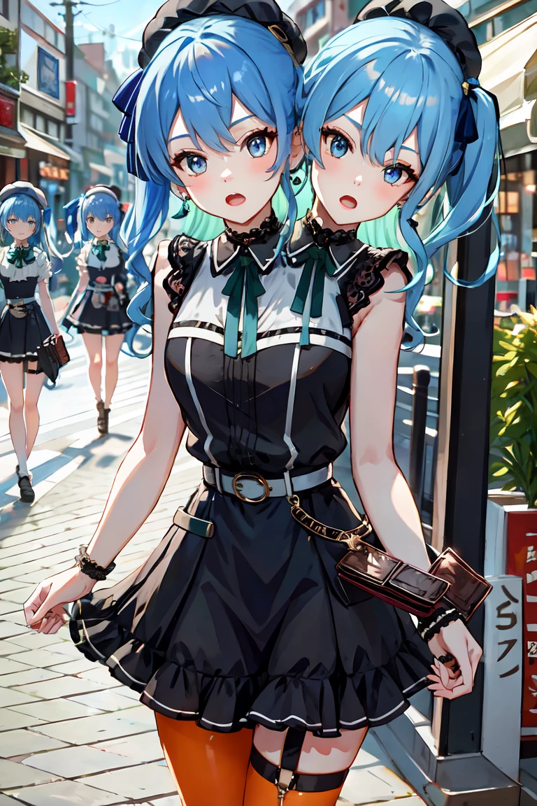 (masterpiece, best quality), best resolution, 16k, (2heads:1.5), close-up, 1girl, solo, HoshimachiSuisei, side ponytail, blue hair ribbon, SuiseiStreet, long hair, half updo, black beret, black dress, collared dress, sleeveless, bow earrings, lace choker, neck ribbon, black belt, orange pantyhose, o-ring thigh strap, single garter strap, (cheek-to-cheek), ((hand holding a wallet)), ((eyes up looking sideways:1.3)), surprised, frustrating, walking, open mouth, city, Shopping Street, street vendor, morning