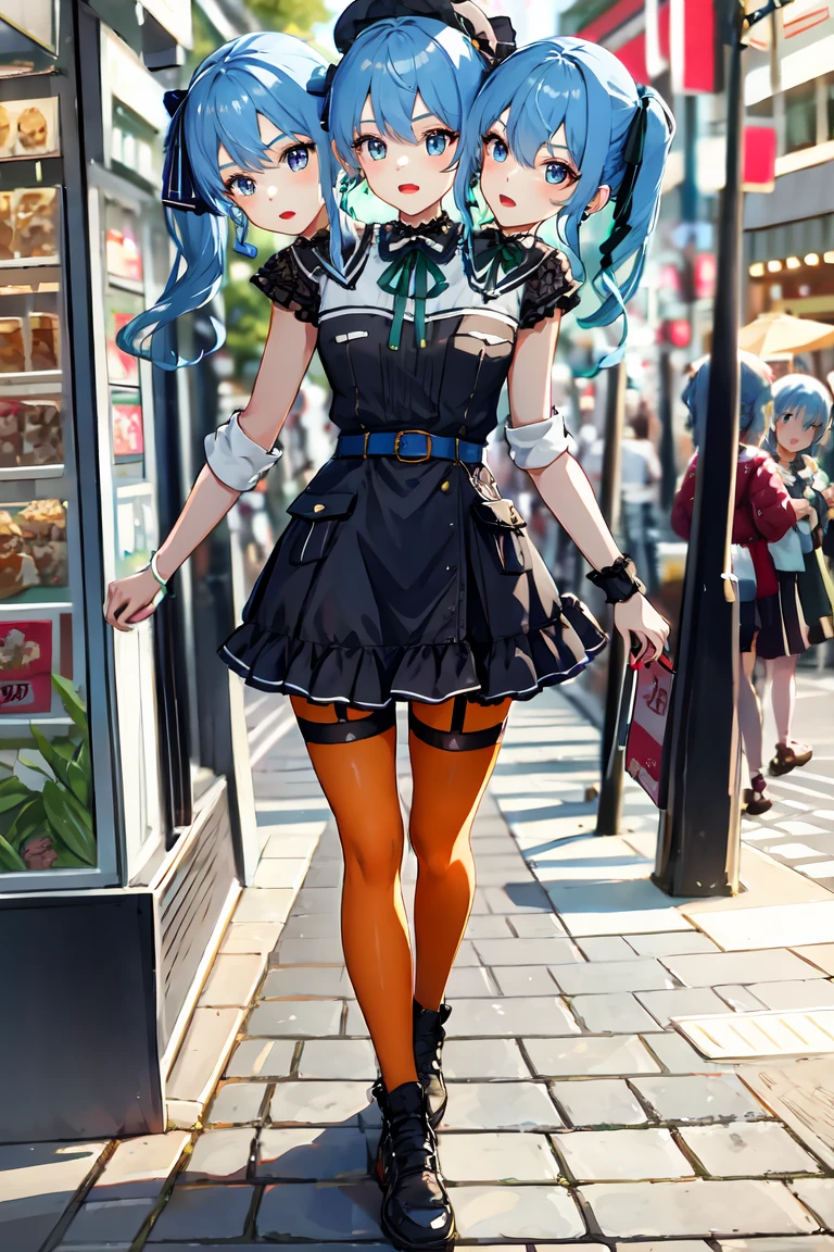(masterpiece, best quality), best resolution, 16k, (2heads:1.5), close-up, 1girl, solo, HoshimachiSuisei, side ponytail, blue hair ribbon, SuiseiStreet, long hair, half updo, black beret, black dress, collared dress, sleeveless, bow earrings, lace choker, neck ribbon, black belt, orange pantyhose, o-ring thigh strap, single garter strap, (cheek-to-cheek), ((hand holding a wallet)), ((eyes up looking sideways:1.3)), surprised, frustrating, walking, open mouth, city, Shopping Street, street vendor, morning