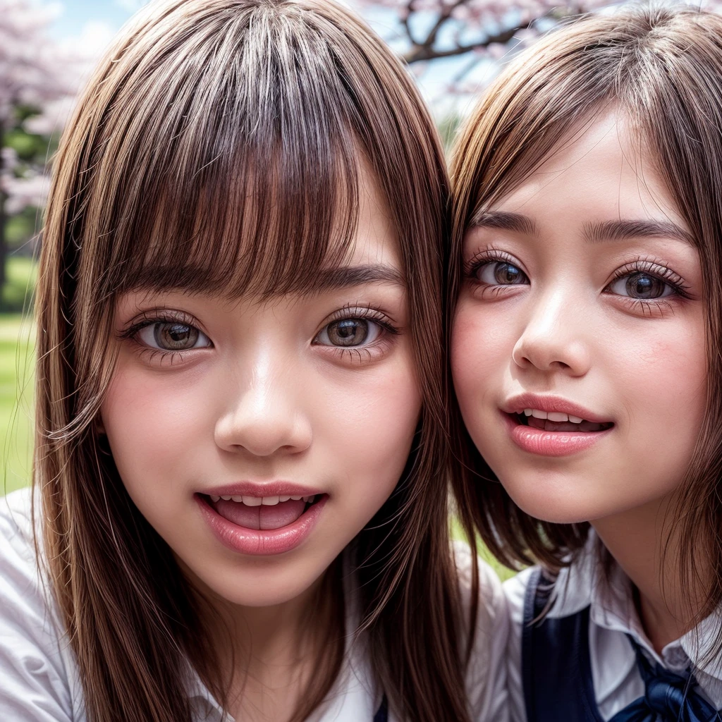 Best_Quality, HDR, masterpiece, Hi-Res, (realistic and photorealistic with touch of rawness:1.37), (group photo:1.6), (((SchoolGirls Surrounding the camera in Upward composition))), Panoramic, (Filled with many Faces), (NOGIZAKA face variations:1.4), { Looking down at the camera | (Kissing face to face) }, (((close:1.4, Face closeup from below:1.4))), (((Sky background)) with CherryBlossoms) . BREAK  Extremely Detailed KAWAII face variations, captivating gaze, elaborate detailed Eyes with (sparkling highlights:1.2), long eyelashes、Glossy RED Lips with beautiful details, Coquettish tongue, Rosy cheeks, Glistening ivory skin . { (Dynamic joyful expressions) | (:D) | (Kissing) | Tongue out }, { baby hair | Updos | OKAPPA }, Childish, SchoolUniform .