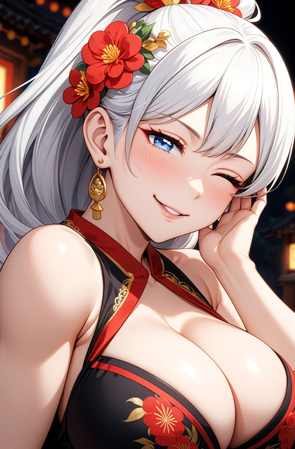 ((one personの女性)), Beautiful Face,Laugh shyly,((Wink:2.0)),Laughing with your mouth open,turn bright red,Glossy pink lips,night,Shrine festival stalls,((Anime style background)),masterpiece, highest quality, so beautiful, up to date, Complex details, (Pink long nails),AI-generated, Complex,High resolution, highest quality, super high quality,3D Images、View your audience、3D Images,one person,Long white hair,High Ponytail,blue eyes,Anime woman posing for a photo, [[Fine grain、Colorful eyes、Shining Eyes:1.15]],(Squint your eyes:1.1),a hyperRealistic , hyperRealistic , Realistic,Long haired white haired anime woman, Smooth anime CG art, A woman in a colorful kimono with gold embroidery, (Black kimono),Red floral pattern,Long flower hair ornament,Big earrings,(Big Breasts:1.1),Mature Body,tall,Big Ass,Fine details,Tight waist,Abdominal muscles,(Face close-up:1.5),Tilt your face,put your hand near your face