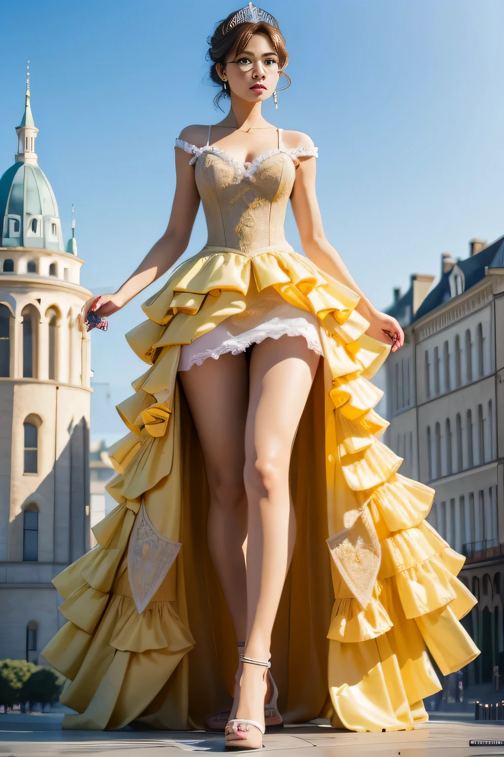 giantess art, highly detailed giantess shots, giantess, Two legs, Five fingers, short hair, super giant princess, A beautiful girl who is bigger than any skyscraper, Wearing rimless glasses, Big Breasts, White gorgeous dress, White Pantyhose, white pantyhose, White stiletto sandals, toes visible through pantyhose, A very small big city, Miniature metropolis, Full body description, GTS, giga giantess, stomping city, crash city, tiny city, micro city, pantyhose feet, High resolution, highest quality, masterpiece, princess dress,