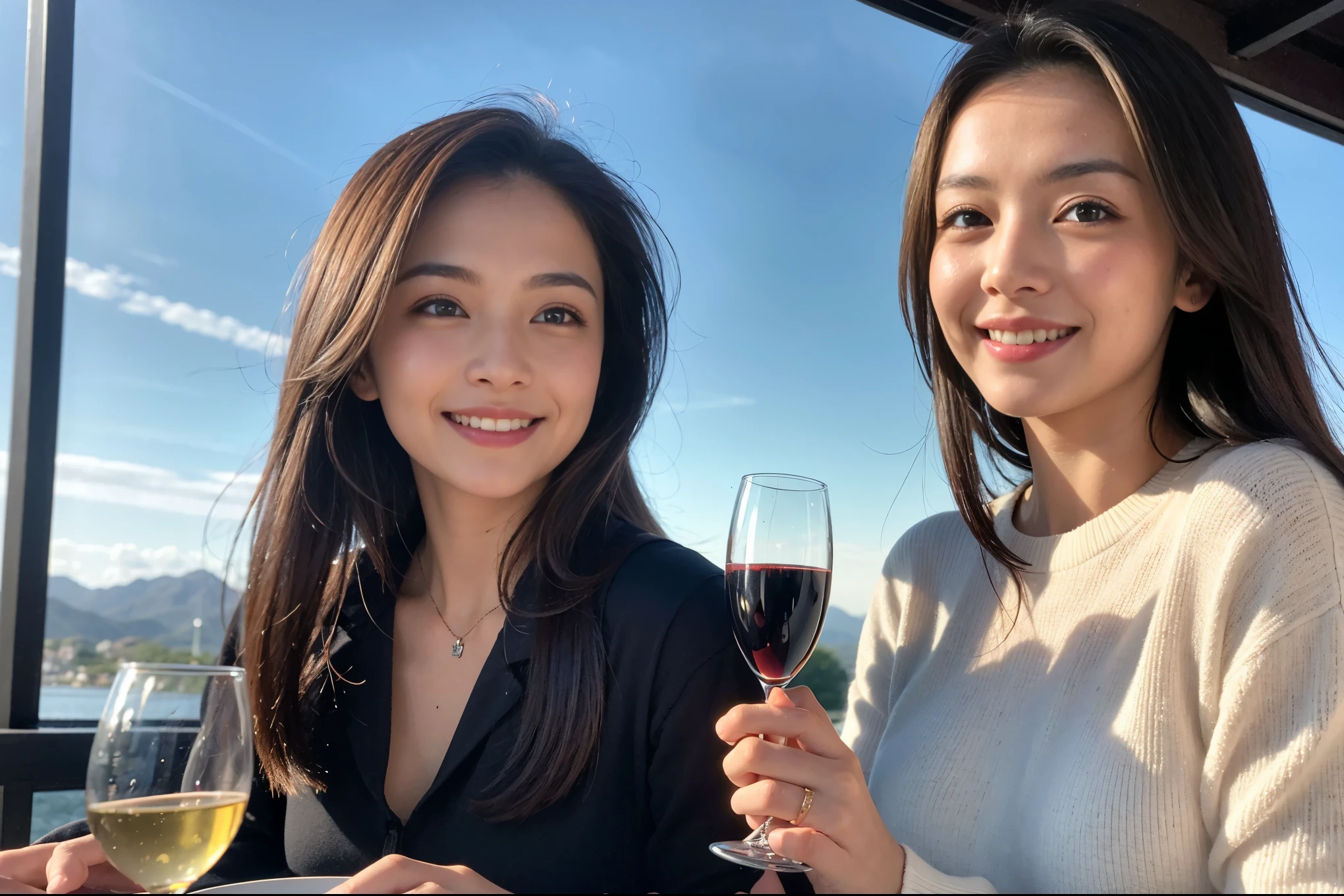 ((highest quality、8k、masterpiece:1.3))、1 male、1 female、石原さとみ似Couple、ファッションmodel、Spouse、Couple、The body is slim、((Bob Hale、Straight hair:1.2)), (Realistic, Intricate details:1.2), テーブルの上のwine glass、Shine light on your face、 Amazing view of the sunset sky and clouds、Amazing mountain views、A bright smile、The wonderfulness of smile、Bright image、The beauty of wine, Beautiful Face, blue eyes, The light shines on your face, Blushing, short hair,Bright Face、 (Age 37), 39 years old, red wine 、Appetizers、Italian food、Wine bottle、Champagne、sparkling wine、Two beauties、Brown Hair、Shortcuts、Long sleeve shirt、dress、Pretty Woman 1, (slimな顔), (The body is slim), (Brown Hair), (Shortcuts), cheeks turn a little red,Attractive beauty、restaurant, In a prominent place (From the waist up) Nova Frog Style, actress, model, Upper Body, White wine, slim, wine glass, 中央に置かれたwine glass, smile, (smile: 1.15), Beautiful fine grain, Depth f/2,saturation, High Contrast, Strong light and shadow,Moist Body:1.5、3D texture、Delicate eyes、Brown Hair、The hair is very shiny、