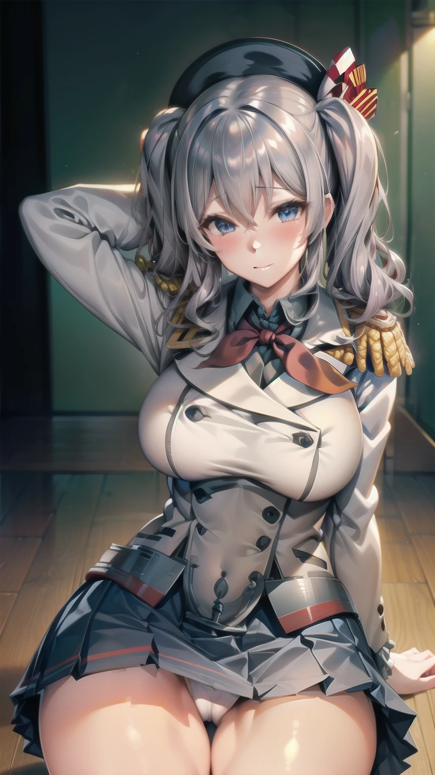 ((labia))、((Uterus))、((Love juice))、(((No underwear)))、Ahegao、(((Squat)))、Erect nipples、((((skirt lift))))、(((skirt hold)))、((White panties))、((cameltow:1.3))、(((Open your thighs wide to the left and right)))、(((Showing off your crotch)))、(((Arm behind head)))、beret、Open your mouth, Normal Breasts ,Blue Eyes、Oblique eyes,BTPT-FC,Wide Hips,smile,Embarrassing, blush, Wide Hips,Open your mouth,Wavy Hair,alone,Kashima,Twin tails,Gazing at the audience,
Silver Hair,Tsurime,kantai collection, smile,,Wide Hips, highest quality,White jacket, Military jacket, uniform,Grey mini skirt,Pleated skirt,have,Squat,Squat,Showing off your crotch to the viewers,Open your thighs wide to the left and right,whole body,room,Neck ribbon,Ruffle sleeves