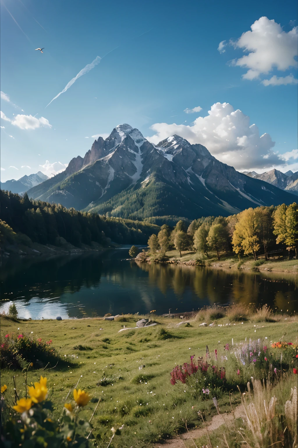 April sunshine, mountains with beautiful flowers, trees, and lake, lush grass, clouds, beautiful sunrise, vivid colors, photorealism, ultrarealistic, bright,  photo, professional movie, professional picture, ultra detailed, ultra realistic, cinematic, sharp focus photo, professional movie, professional picture, ultra detailed, ultra realistic, cinematic, sharp focus