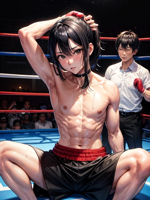 Japanese,Black Hair,Two people,Six-pack,Boxing match,One is sitting leaning against the ring,Sweating