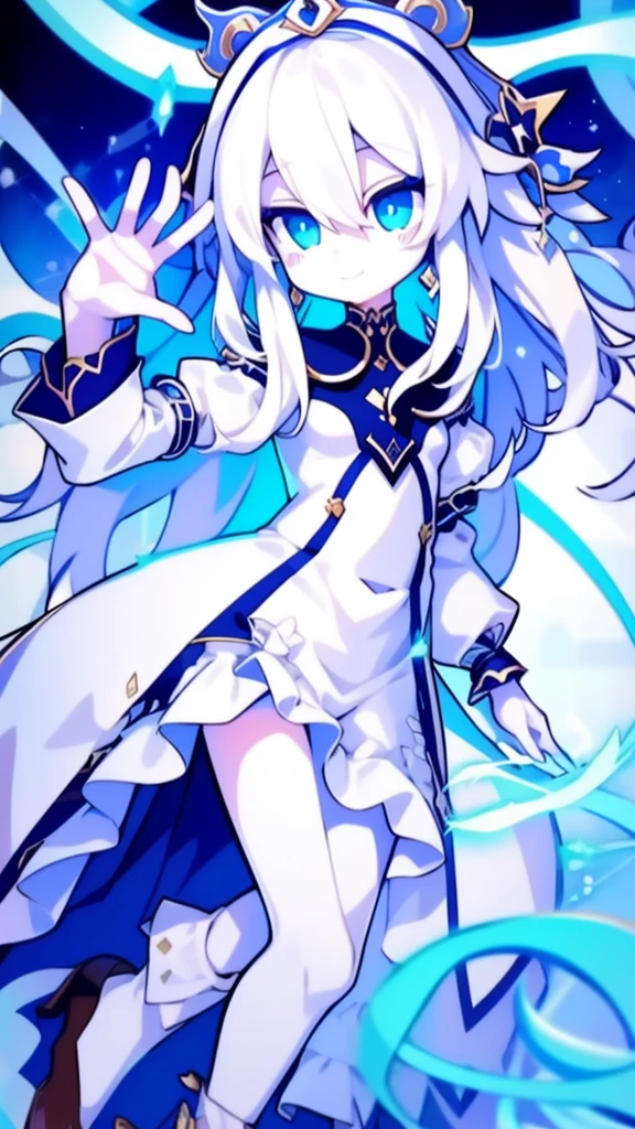 Girl, K HD, 4K, expressionless, anime style, blue eyes, white hair, ((full body)), puzzled eyes, (deformer character) Masterpiece, highest quality, ultra-definition, 4K, ultra-definition illustration, high resolution Beautiful face and eyes , light blue color scheme, lighting, fantasy, solemn atmosphere, long hair, waving hair, smile, fighting posture, dynamic pose, particle light, luminescence, plasma, electric current, blue flame, sense of depth, dynamic angle,