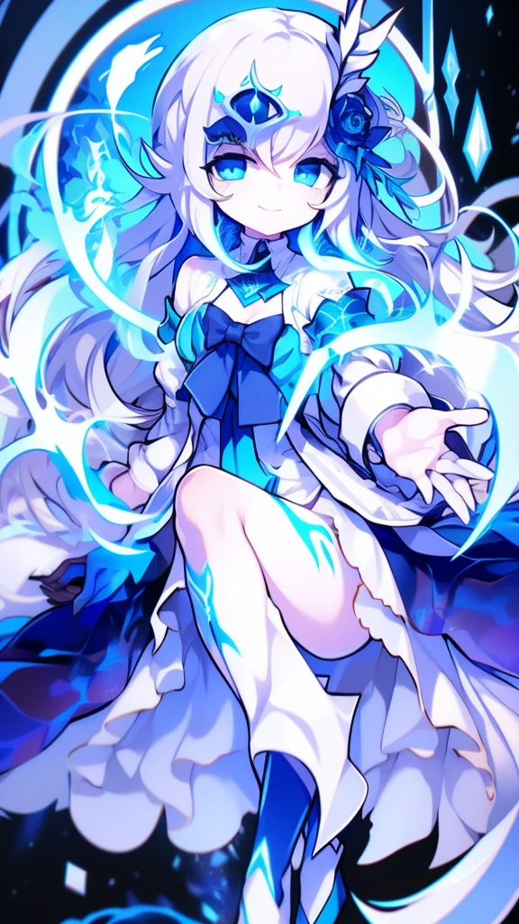 Girl, K HD, 4K, expressionless, anime style, blue eyes, white hair, ((full body)), puzzled eyes, (deformer character) Masterpiece, highest quality, ultra-definition, 4K, ultra-definition illustration, high resolution Beautiful face and eyes , light blue color scheme, lighting, fantasy, solemn atmosphere, long hair, waving hair, smile, fighting posture, dynamic pose, particle light, luminescence, plasma, electric current, blue flame, sense of depth, dynamic angle,