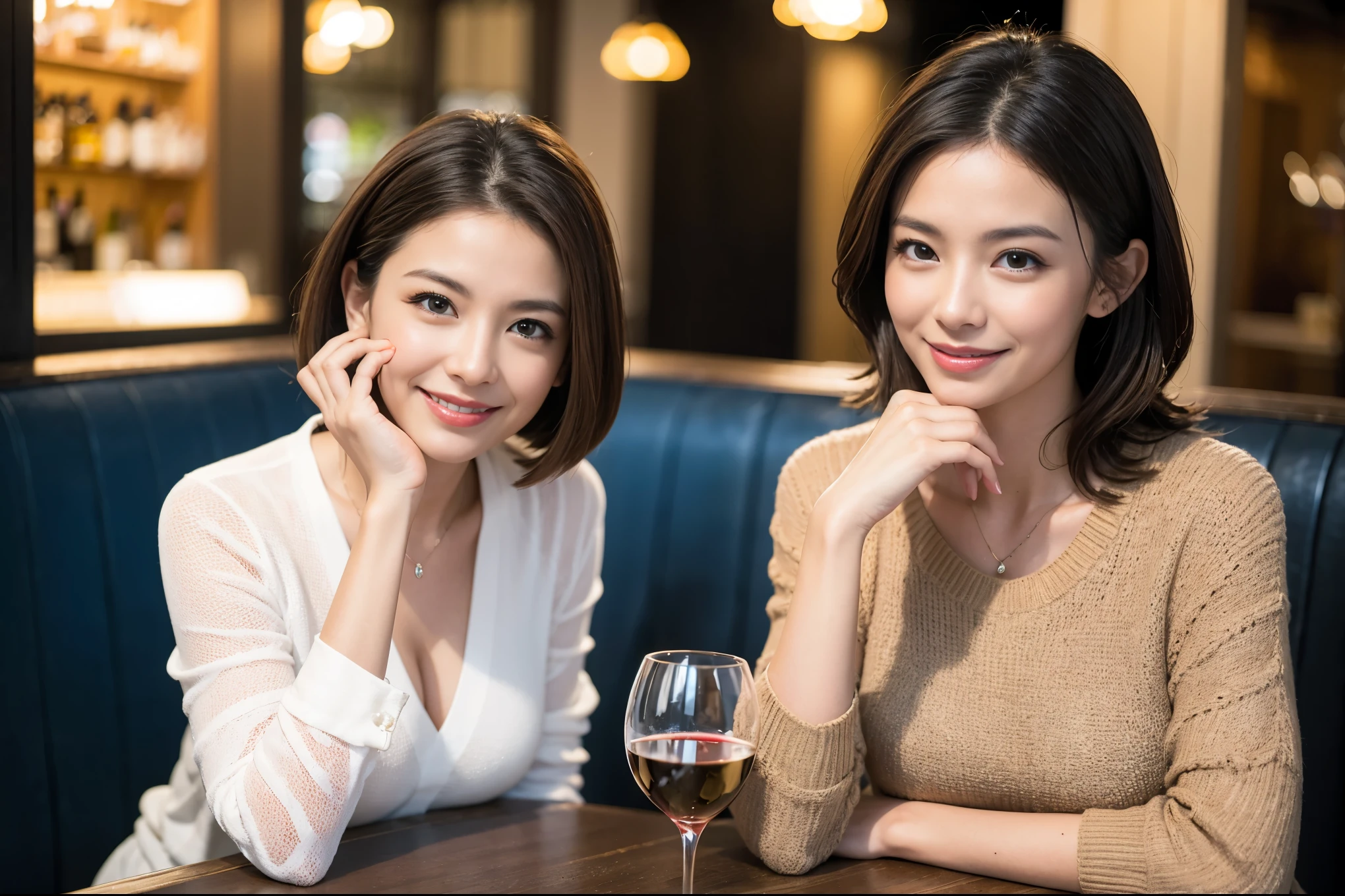 ((highest quality、8k、masterpiece:1.3))、1 male、1 female、石原さとみ似Couple、actress、Spouse、Couple、The body is slim、((Bob Hale、Straight hair:1.2)), (Realistic, Intricate details:1.2), テーブルの上のwine glass、Shine light on your face、 Amazing view of the sunset sky and clouds、Amazing mountain views、A bright smile、The wonderfulness of smile、Bright image、The beauty of wine, Beautiful Face, blue eyes, The light shines on your face, Blushing, short hair,Bright Face、 (Age 37), 39 years old, red wine 、Appetizers、Italian food、Wine bottle、Champagne、sparkling wine、Two beauties、Brown Hair、Shortcuts、Long sleeve shirt、dress、Pretty Woman 1, (slimな顔), (The body is slim), (Brown Hair), (Shortcuts), cheeks turn a little red,Attractive beauty、restaurant, In a prominent place (From the waist up) Nova Frog Style, actress, model, Upper Body, White wine, slim, wine glass, 中央に置かれたwine glass, smile, (smile: 1.15), Beautiful fine grain, Depth f/2,saturation, High Contrast, Strong light and shadow,Moist Body:1.5、3D texture、Delicate eyes、Brown Hair、The hair is very shiny、