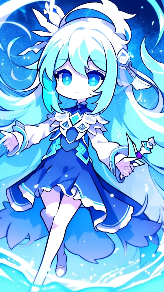  girl，k hd，4K，face expressionless，style of anime，sideface，blue color eyes，white color hair,((full body)),Confused eyes,(default character)SD character, masterpiece,best quality,ultra detailed,4K,super fine illustration,highly detailed beautiful face and eyes,cyan color scheme, lighting,fantasy,extremely solemn atmosphere,long hair,floating hair,smirk,fighting stance,dynamic pose,(holding glowing sword:1.3),particle light,luminescence,plasma,electric current,blue flame,sense of depth,dynamic angle,