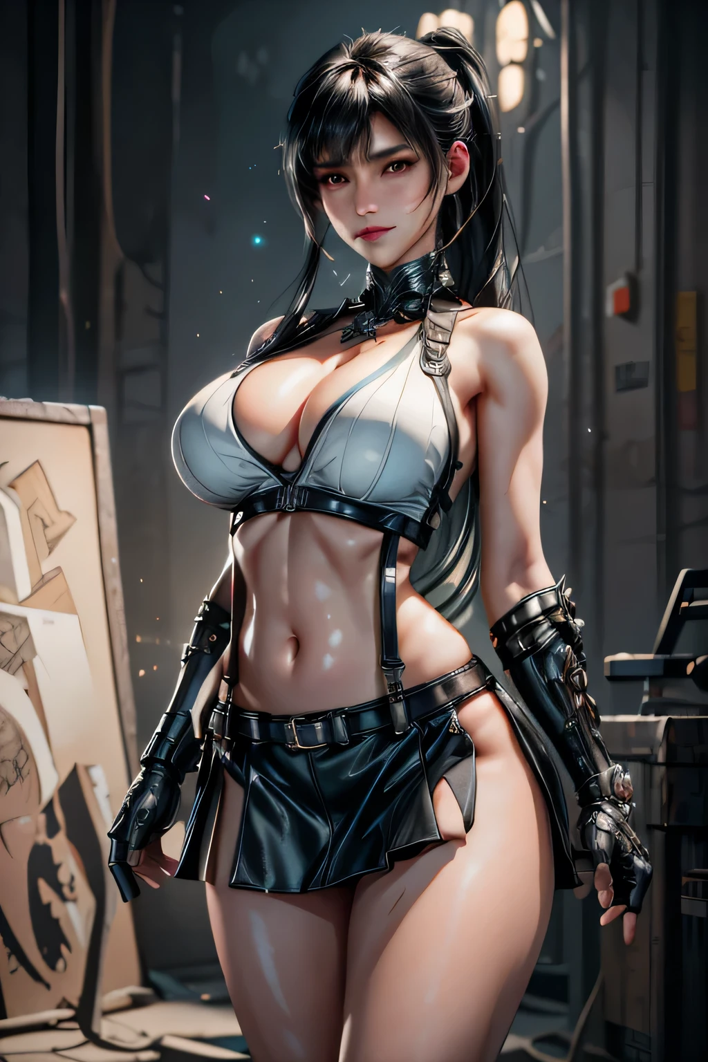 (((eve from stellar blade))), Sexy sci-fi girl,Dynamic sexy action pose, ponytail, (8k, best quality, masterpiece:1,2), (realistic, photo-realistic:1,37), top quality, masterpiece, a beautiful woman, beautiful and tight body, tight clothes, cleavage, a little tattoo on the chest, a charming smile with dimples Tifa Lockheart long black hair, wearing a black leather pleeted mini skirt and white halter top with suspenders, full body portrait, thick thighs, toned body,breasts, life like, high definition, high resolution, dynamic pose, delicate face, vibrant eyes, long hair, expressive hair, purple eyes, shy, blush, parted lips, heavy breathing, sparkle, god rays, super detail, high quality, anatomically correct, textured skin, best quality,full body portrait, guweiz on artstation pixiv, photo realism, ultra high detail, rich detail, sensual expression, resolution 4098x2160, 8k white haired deity,cinematic lighting, glowing light, god rays, ray tracing, reflection light, backlighting, blending, drop shadow, 360 view, UHD, masterpiece, ccurate, anatomically correct, super detail, high details, high quality, award winning, best quality, highres, 16k , ((looking up)), (big boobs), (naked boobs), ((viewer looking down))